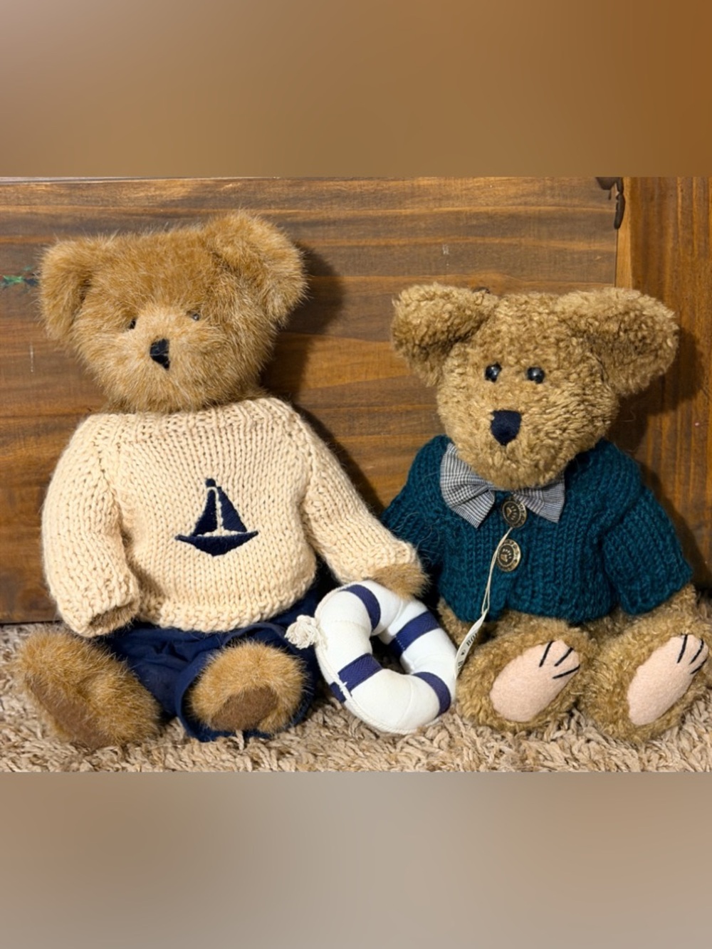 Pair of Plush Boyds Bears in Cream and Teal Sweaters